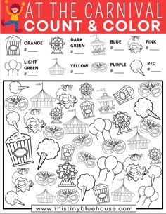 the carnival count and color activity sheet for kids to practice counting, including numbers 1 - 10