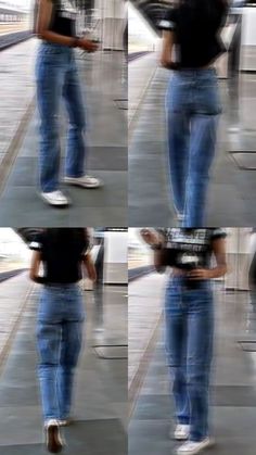 four images of a woman in blue jeans and black shirt with her hands on her hips