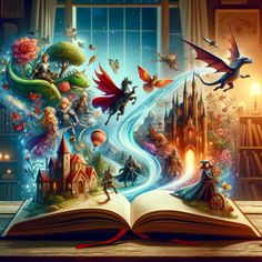 an open book with images of fairy land on it