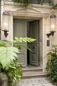 the front door of a house with green plants in pots on either side and an entry way leading to it