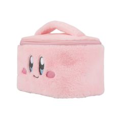 Embrace the whimsical world of Nintendo with this charming fuzzy pink Kirby cosmetic bag. Designed for both functionality and fun, it features Kirby's friendly face and a soft faux fur handle, ensuring a touch of playful elegance in your everyday beauty routine. Made from durable polyester, this bag measures 21CM W x 15CM H x 14CM D, providing ample space for all your makeup essentials. Complete with a star metal charm, it's an officially licensed Nintendo product, combining style with practicality for fans of all ages. Wipe it clean for easy care. Cute Plush Bags For Gifts, Cute Pink Rectangular Cosmetic Storage, Pink Plush Kawaii Bag, Kawaii Pink Plush Bag, Pink Kawaii Cosmetic Travel Bag, Pink Kawaii Cosmetic Bag For Travel, Playful Pink Cosmetic Bag For Gift, Pink Playful Cosmetic Bag For Everyday Use, Playful Pink Cosmetic Bag For Everyday Use