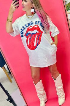 Rolling Stones Washed Graphic Print Dress- 'Rolling Stones' front graphic print- Short sleeves- Round neck Very oversized fit. Ashley is normally a medium in tees and 9/10/11 in jeans and is wearing a small here! Rolling Stones Tee, Curvy Girl Dress, Graphic Print Dress, Western Girl, Vests Mens, Denim Blouse, Tee Shirt Dress, Sporty Girls, Bottom Clothes