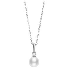 Mikimoto Everyday Essentials Pendant Akoya Pearl (PPS752DW). 18kt white gold necklace featuring 1 white Akoya pearl, 7.5x8mm, A+ quality and 1 diamond of 0.10ct. Length 18”. Elegant White Gold Pearl Necklace, Classic Silver Necklace With Pearl Pendant, Classic White Gold Diamond Necklace With Pearl Chain, Fine Jewelry White Gold Necklaces With Pearl Pendant, Classic White Diamond Necklace With Polished Finish, Classic Diamond Necklace With Pearl Chain For Formal Events, Classic White Gold Pendant Necklace, Classic White Diamond Necklace With Pearl Chain, White Gold Pearl Necklace With Round Pendant For Anniversary