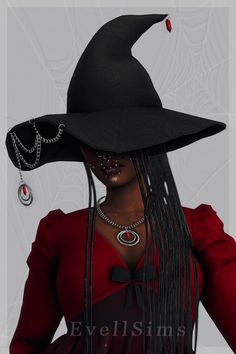 a woman wearing a black witches hat with long braids and beads on her head