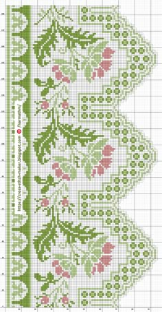 a cross stitch pattern with pink flowers on green and white background, in the shape of a rectangle