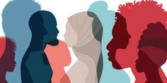 the silhouettes of three women are shown in different colors and shapes, with one woman's head tilted to the side