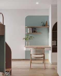 a room with a desk and shelves on the wall, next to a book shelf