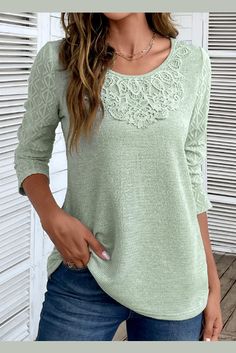 Sage Green Round Neck Patchwork Long Sleeve T Shirt Green Patchwork Crew Neck Blouse, Green Crew Neck Blouse With Patchwork, Casual Stretch Blouse With Lace Patchwork, Casual Long Sleeve Tops With Lace Patchwork, Fall Crew Neck Tops With Lace Trim, Fall Cotton Top With Lace Patchwork, Cotton Lace Patchwork Tops For Fall, Cotton Tops With Lace Patchwork For Fall, Fall Lace Patchwork Cotton Tops