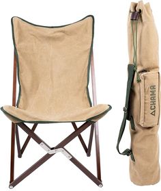 a camping chair and bag sitting next to each other