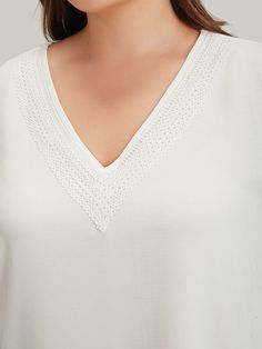 Shop Anti-Wrinkle Plain Lace Cut Out Knot Sleeve Blouse now and redefine your style with confidence at BloomChic. Tailored for mid and plus-size women. This trendy Tops Women, sizes 10-30. Season:Summer;Color:Ivory;Style:Office;Pattern Type:Plain;Neckline:V-neck;Sleeve Type:Regular Sleeve;Details:Knotted, Plain, Cut-Out, Lace;Pocket:No-pocket White V-neck Rayon Top, Vacation Viscose V-neck Tops, Rayon V-neck Blouse For Daywear, V-neck Rayon Blouse For Daywear, Elegant Relaxed Fit Rayon Tops, Relaxed Fit Viscose V-neck Blouse, Elegant Rayon Beach Tops, White Rayon V-neck Blouse, Feminine Viscose V-neck Blouse