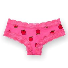 Color: Pink Allover Apple Print Lace Detail Trim Extra Low Rise Nylon/Spandex/Cotton No Trades Free Gift W/Purchase Same-Day Shipping Eyeit-Buyit Cheap Pink Low-cut Intimates, Affordable Pink Low-cut Intimates, Rainbow Laces, Apple Print, Kitty Items, Clothing Website, Cute Pajamas, Hello Kitty Items, Pink Vs