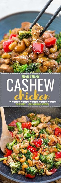 cashew chicken and broccoli stir fry in a skillet