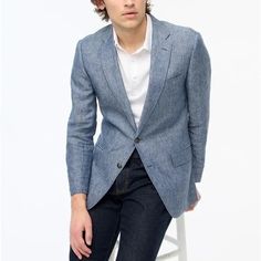 J. Crew Thompson Slim University Blazer Coat Long Sleeve Denim Blue Size 38r 100% Linen. Dry Clean. Import. Item Bn781. Item Is Brand New Interior Label May Be Marked To Prevent In-Store Returns B5 02 23 Blue Sport Coat, Corduroy Sport Coat, Chambray Jacket, Mens Blazer Jacket, J Crew Men, Slim Fit Suit, Cotton Blazer, Cotton Suits, Linen Style