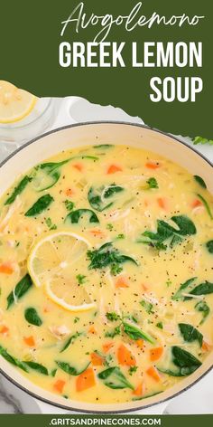 a bowl of greek lemon soup with spinach, carrots and lemon wedges