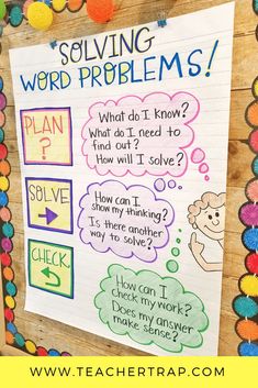 a poster with words and pictures on it that says, solve the problem for word problems