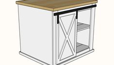 a white cabinet with a wooden top and two shelves on one side, the door is open