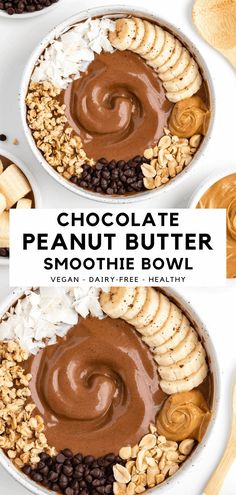 two bowls filled with chocolate peanut butter smoothie bowl