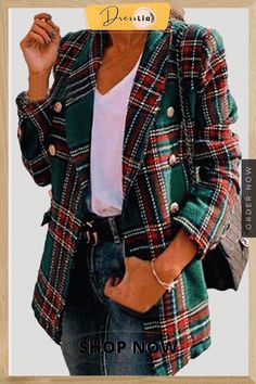 Casual Plaid Patchwork Buckle Turndown Collar Outerwear(4 Colors) Womens Fall Coats, Fall Coats, Fall Fashion Coats, Business Casual Blazer, Blazer Outfits Casual, Women's Outfits By Occasions, Green Blazer, Outfit Inspiration Fall, Turndown Collar