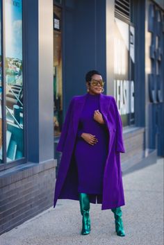 Colored Coats Outfit, Purple Fashion 2023, Jewel Color Outfits, Purple Coat Outfit Winter Casual, Purple Coat Outfit Winter, Ladies Fall Fashion 2023, Purple Dress Winter Outfit, Jewel Tone Outfits Casual, Red And Purple Outfit