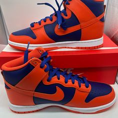 Brand New Nike Dunks High Knicks Color Way Size 8.5 Mens New In Box Orange High-top Sneakers With Contrast Sole For Sports, Nike Orange High-top Sneakers With Abzorb Midsole, Nike Orange Sneakers With Contrast Sole, Low-top Orange Basketball Shoes With Contrast Sole, Orange High-top Sneakers With Contrast Sole, Custom Orange High-top Sneakers With Contrast Sole, Nike High-top Sneakers In Orange, Orange Leather Basketball Shoes With Rubber Sole, Orange Leather Mid-top Basketball Shoes