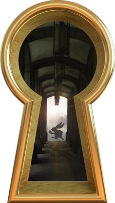 an open golden keyhole with the reflection of a bird in it