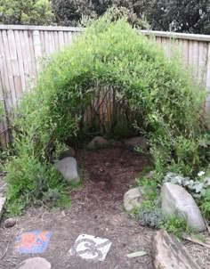 an outdoor garden with rocks and plants around it, along with a wooden fence in the background