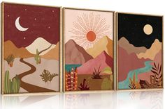 three framed art pieces with mountains and cactus plants on them, each featuring a sunset