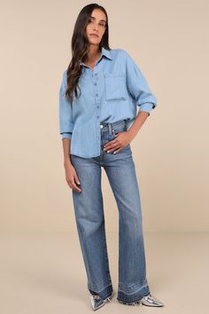 Get ready to fall in love with the Lulus Coveted Option Blue Chambray Long Sleeve Button-Up Top! Lightweight woven chambray shapes this essential top that has long sleeves with button cuffs and a collared neckline. A functional button placket accents the front, alongside a single patch pocket. Slightly rounded, hip-length hems complete the look. Fit: This garment fits true to size. Length: Size medium measures 26.5" from shoulder to hem. Bust: Great for any cup size. Waist: Not Fitted - comforta Long Sleeve Denim Blouse With Pockets, Collared Denim Blue Blouse For Work, Collared Denim Blue Blouse With Button Closure, Chic Button-up Denim Top For Fall, Denim Blue Collared Blouse For Work, Denim Blue Collared Blouse With Button Closure, Denim Blue Collared Workwear Blouse, Chic Fall Button-up Denim Top, Denim Blue Button-up Workwear Blouse