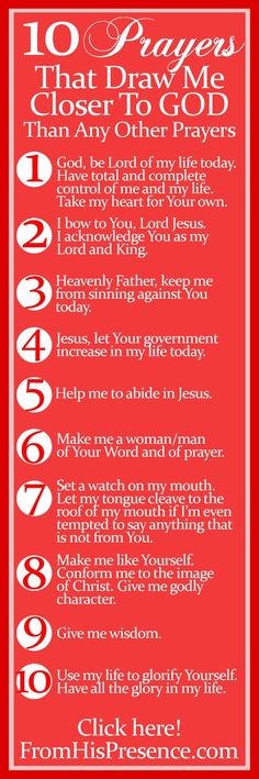 a red poster with numbers on it and the words 10 prayers that draw me closer to god