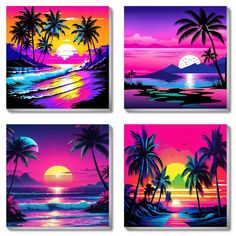 four tropical sunsets with palm trees on the beach