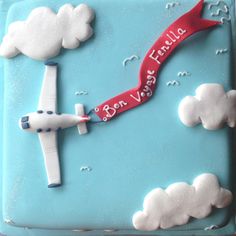 a birthday cake with an airplane and name on it