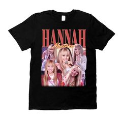 a black t - shirt with an image of the band hannah and other women on it