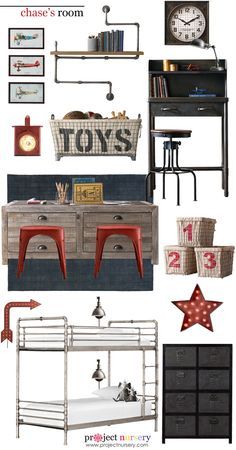 a collage of various items in the shape of children's bedroom furniture and decor