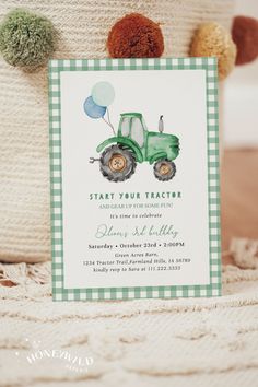 a green tractor birthday party with balloons