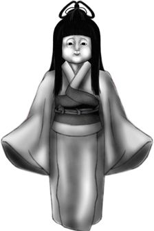 a drawing of a woman with long black hair wearing a kimono and holding her hands to her face