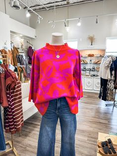 Red Magenta Fate Floral Bell Sleeve Sweater Vibrant Red Tops For Fall, Vibrant Red Top For Fall, Red Crew Neck Outerwear For Spring, Bell Sleeve Sweater, British Indian, Mozambique, Floral Top, Bell Sleeve, Sleeve Sweater