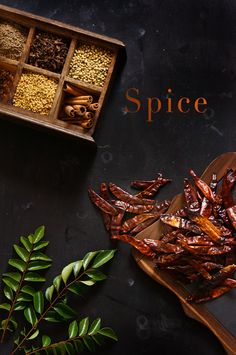 an overhead view of spices and herbs on a wooden spoon with the words spice above it