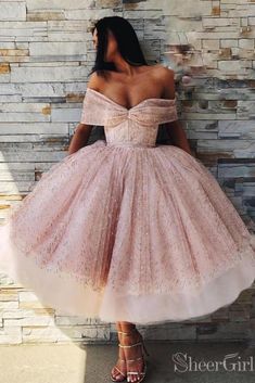 Unique shiny pink tea length prom dress. #promdresses #ballgown #sparkle #offshoulder #quinceanera #sparkly #shimmering #eveningdresses #partydresses #partygown Fancy Ball Gowns, Off The Shoulder Homecoming Dress, Tea Length Prom Dress, Prom Dresses Off The Shoulder, Homecoming Dresses Sparkly, Fancy Ball, Formal Ball Gown, Pink Homecoming Dress, Pink Tea