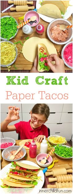 kids are making paper tacos at a table with food on it and in front of them