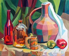 a painting of vases and apples on a table