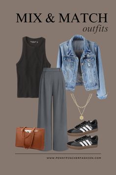 Gray And Jeans Outfit, Dusty Blue Top Outfit, Dark Gray Trousers Outfit Women, Gray Denim Pants Outfit, What To Wear With Gray Pants, Grey Trousers Outfit Women Casual, Cami Pants Outfits, Gray Pants Outfit Women, Blue Stripe Pants Outfit