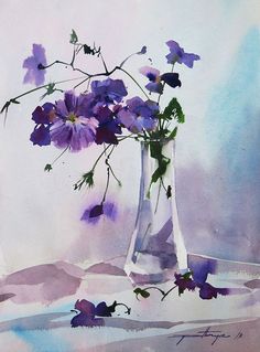 watercolor painting of purple flowers in a glass vase on a window sill with blue and white background