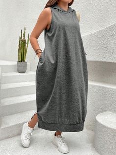 Plus Size Women Summer Solid Color Long Sleeveless Drawstring Hooded Loose Casual Dress With Pockets Maxi Women Outfit Dark Grey Casual  Sleeveless Knitted Fabric Plain Tank Slight Stretch  Women Plus Clothing, size features are:Bust: ,Length: ,Sleeve Length: Knitted Long Dress, Hood Dress, Sleeveless Knit Dress, Long Knitted Dress, Hooded Dress, Women Maxi, Vestido Casual, Inspiration Mode, Dress With Pockets