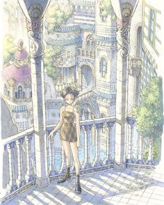 a drawing of a woman standing on a balcony