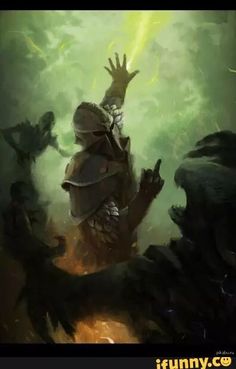 a painting of a man in armor holding his hand up to the sky with green light coming from behind him