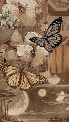 an image of a butterfly and flowers on a table with the moon in the background