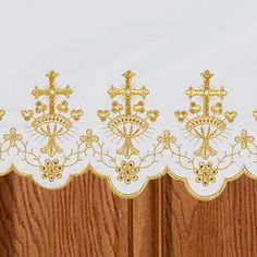 Embroidered Ornate Cross Altar Frontal Altar Cloth Embroidery Patterns, Altar Cloth Embroidery, Gold Embroidered Fabric For Festive Occasions, Gold Festive Embroidered Fabric, Gold Wedding Sets With Embroidered Border, Gold Machine Embroidered Fabric For Wedding, Traditional Gold Machine Embroidered Fabric, Fitted Gold Fabric With Intricate Embroidery, Traditional Gold Embroidered Fabric With Machine Embroidery