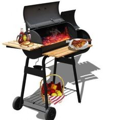 a bbq grill with food on it and a basket of fruit next to it