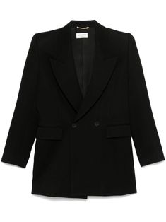 black wool twill weave double-breasted button fastening peak lapels shoulder pads long sleeves buttoned cuffs dart detailing two front flap pockets full lining straight hem Twill Weave, Blazer Black, Animal Welfare, Supply Chain, Wool Blazer, Black Blazers, Black Wool, Dart, Flap Pocket