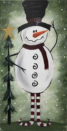 a painting of a snowman holding a christmas tree